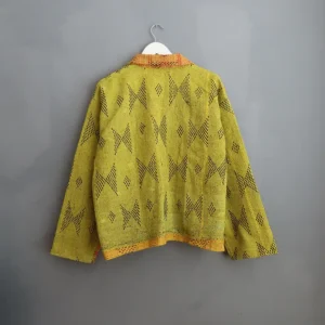 back view of acid yellow kantha chore jacket