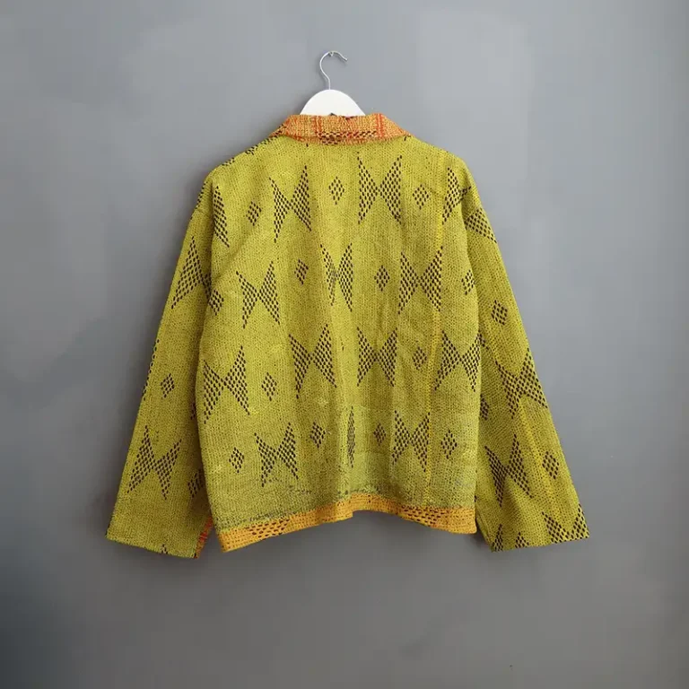 back view of acid yellow kantha chore jacket