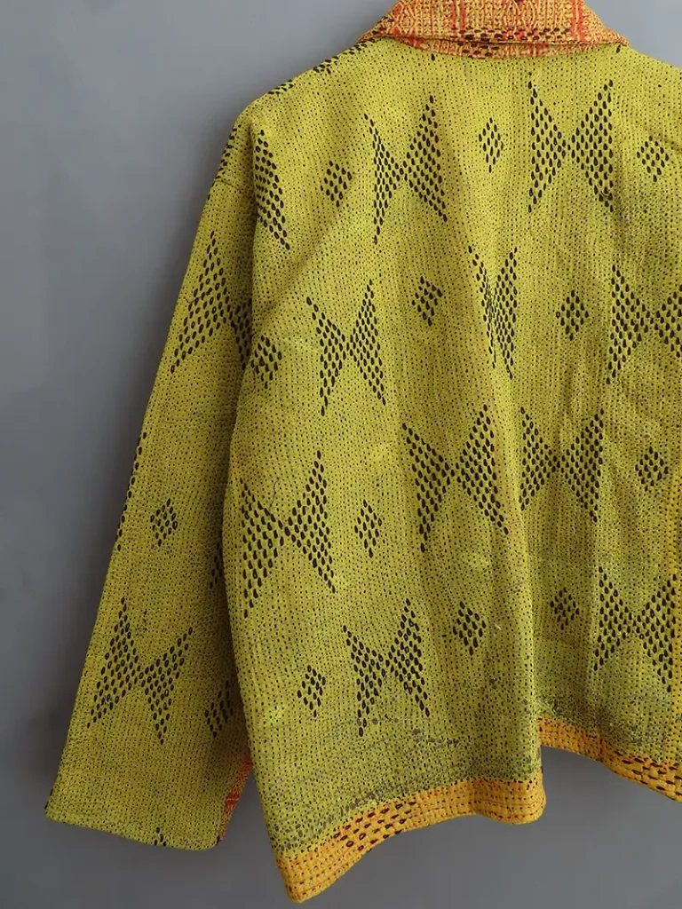 back view of acid yellow kantha chore jacket