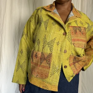 woman wearing a yellow kantha chore jacket