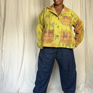 woman wearing a yellow kantha chore jacket