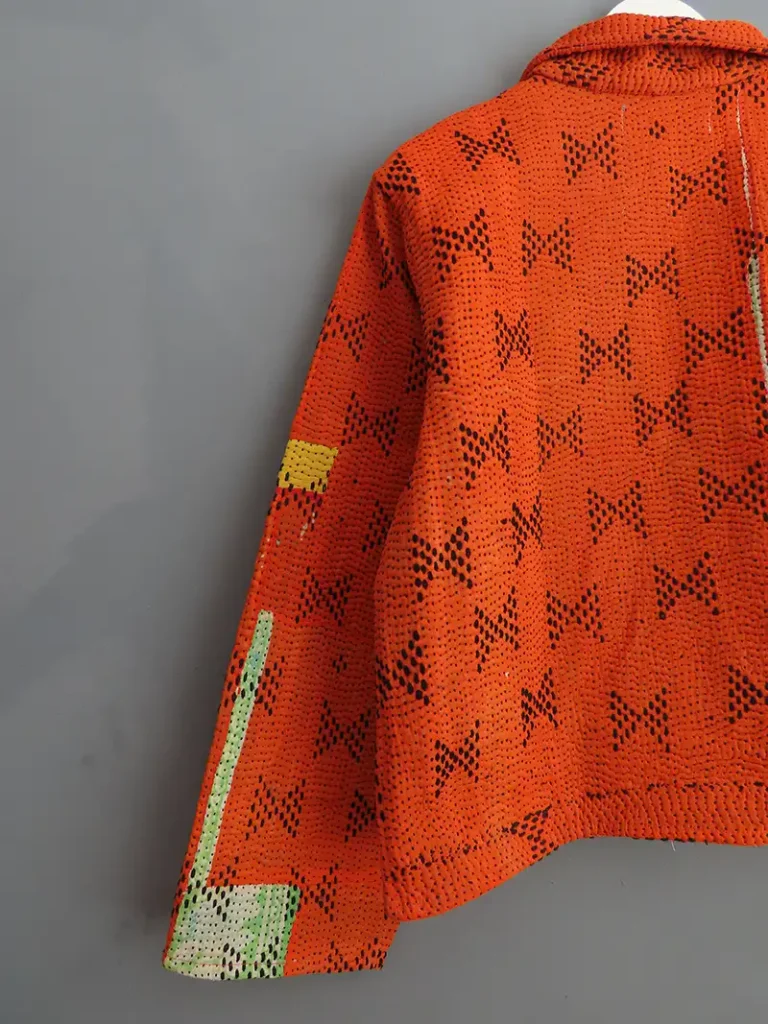 details of kantha stitching on a kantha chore jacket