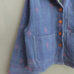 zoom in of kantha stitching on a blue jacket