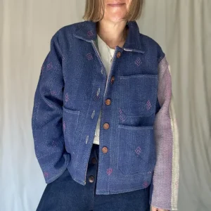 woman wearing a indigo kantha chore jacket