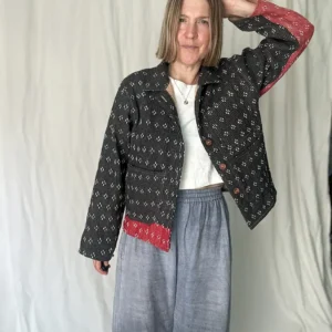 woman wearing a black chore jacket