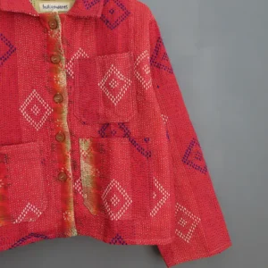 zoom in of red kantha chore jacket