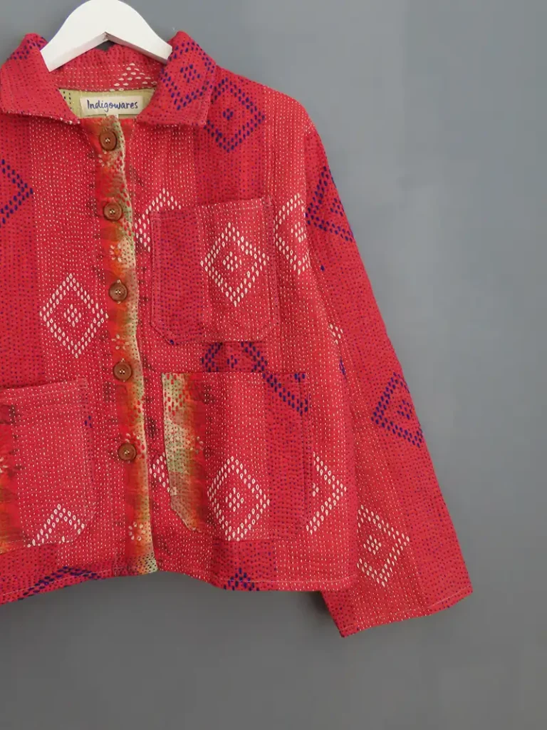zoom in of red kantha chore jacket