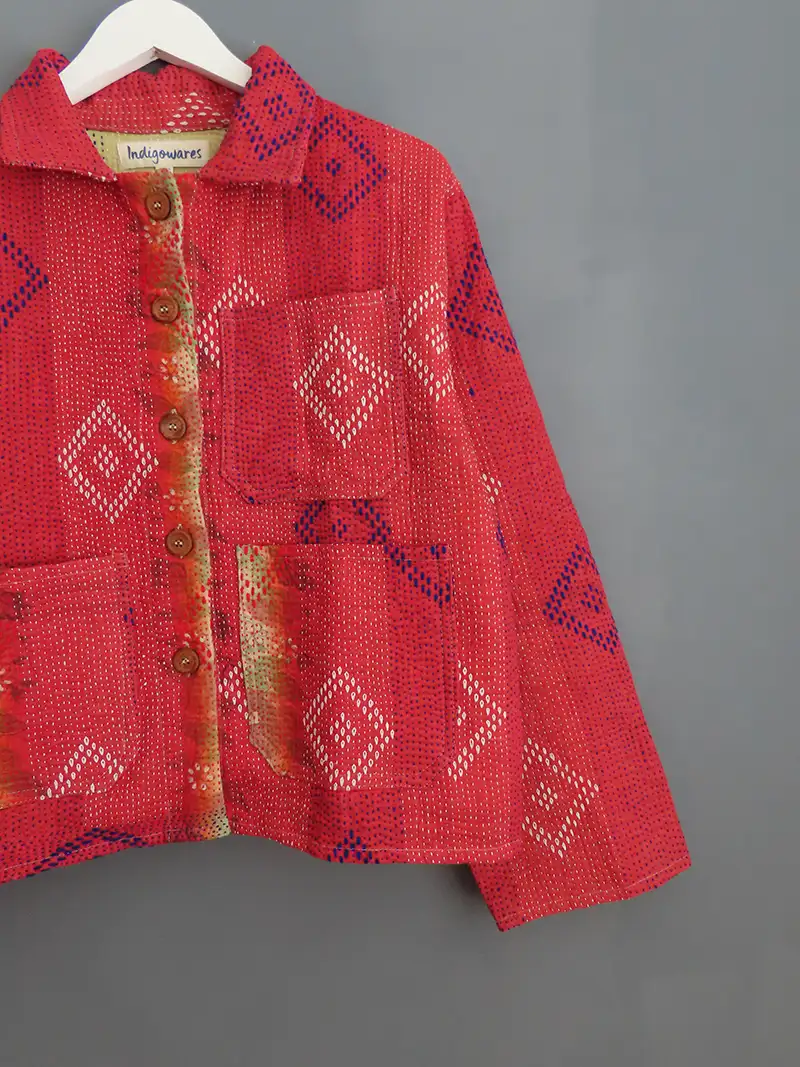 zoom in of red kantha chore jacket