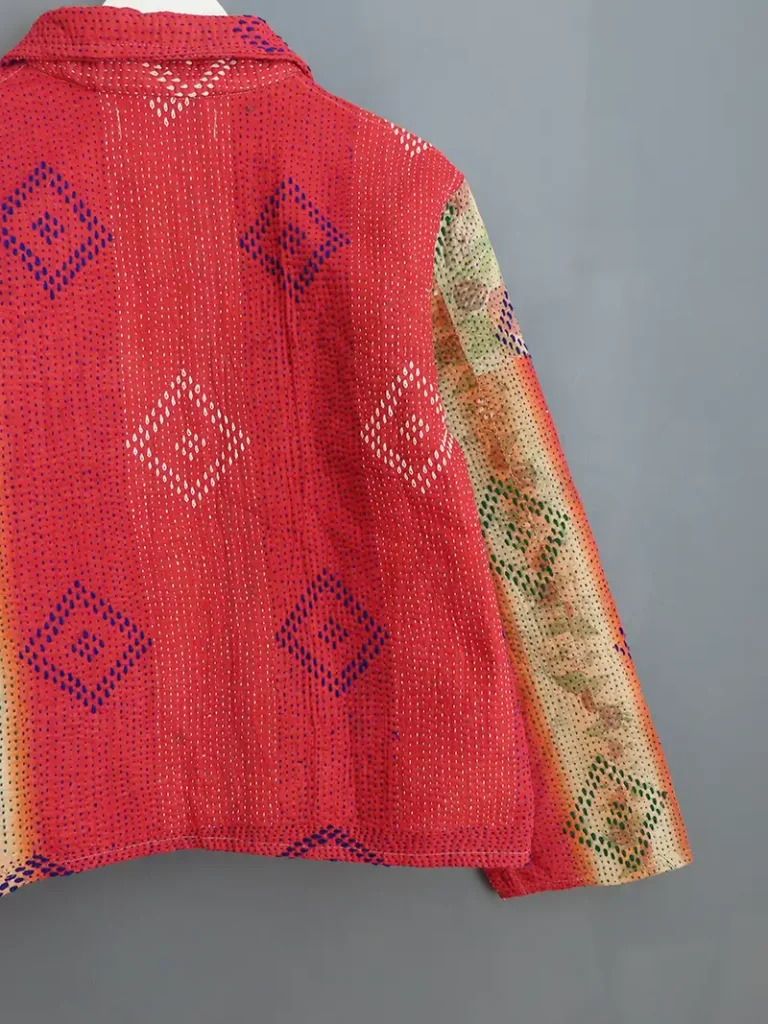 back view of red kantha chore jacket