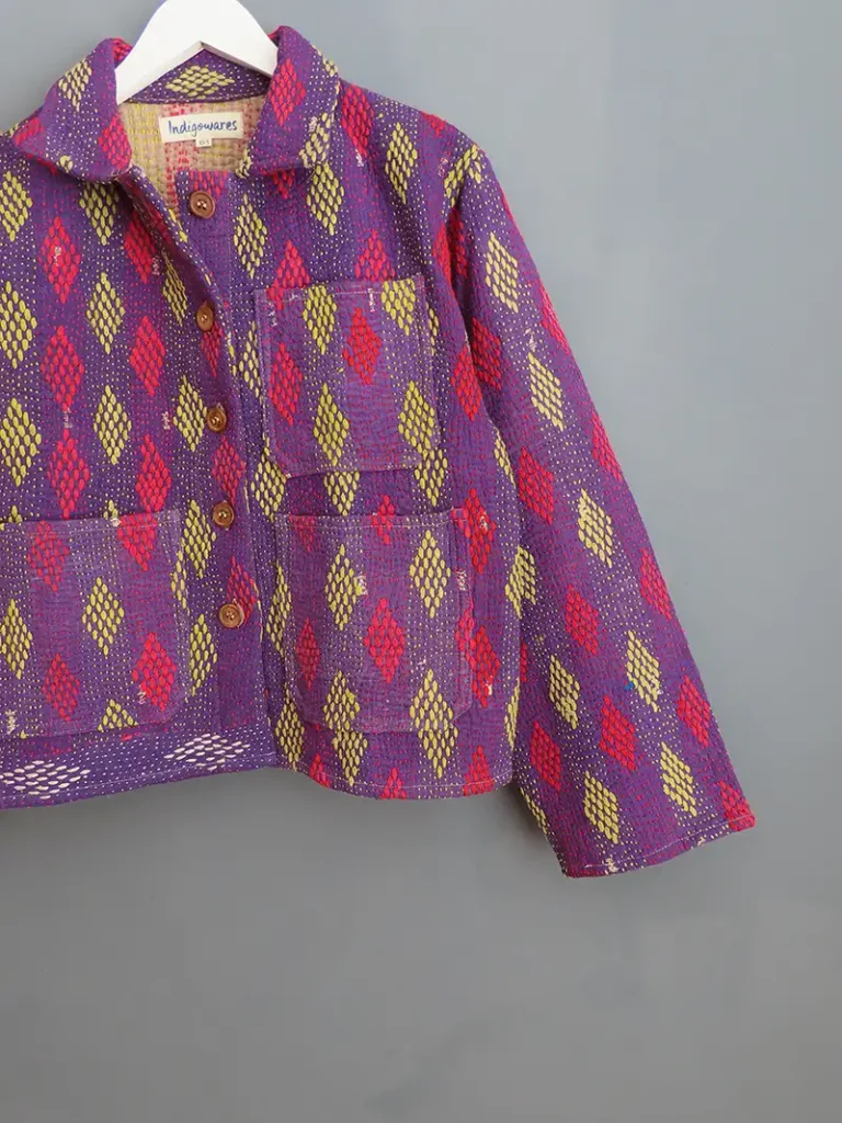 details of a purple kantha jacket stitching
