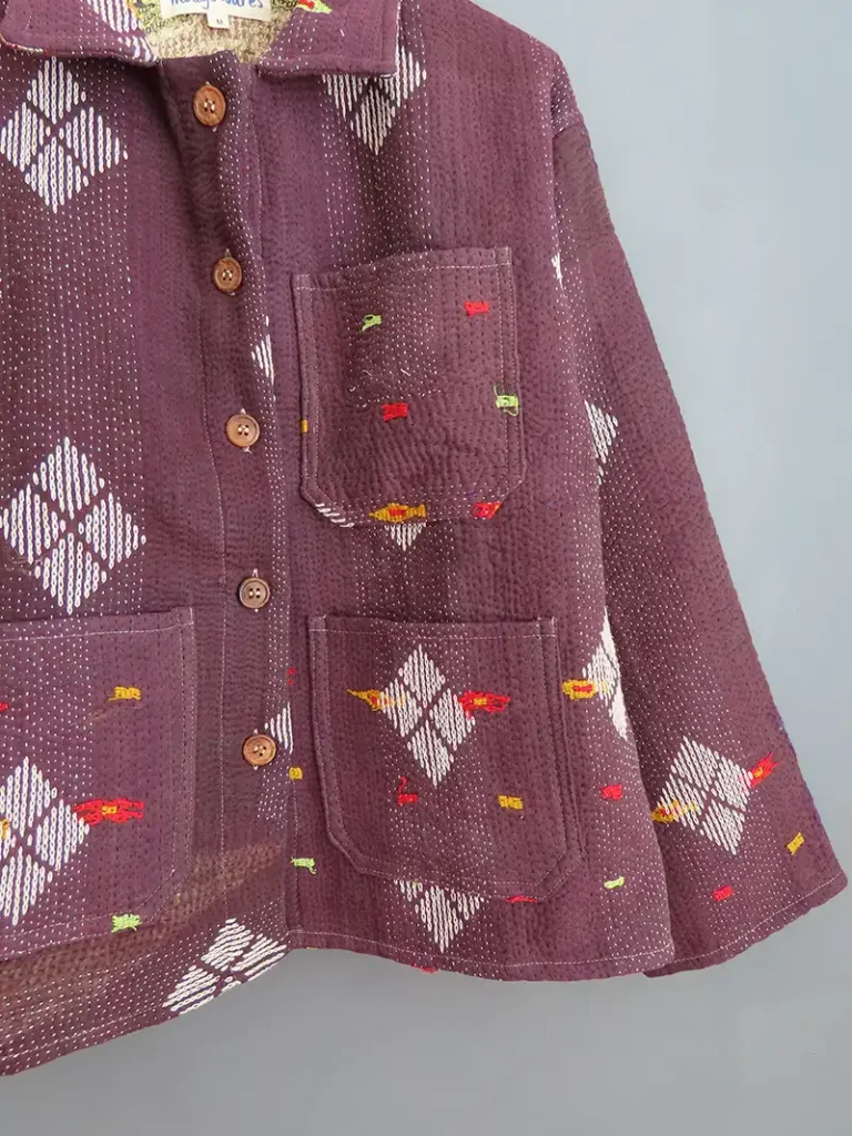 zoom in of purple kantha chore jacket