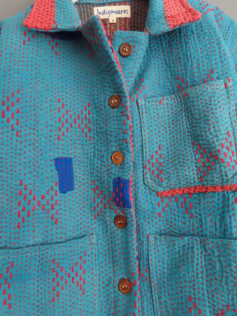 zoom in details of blue kantha embroidery jacket