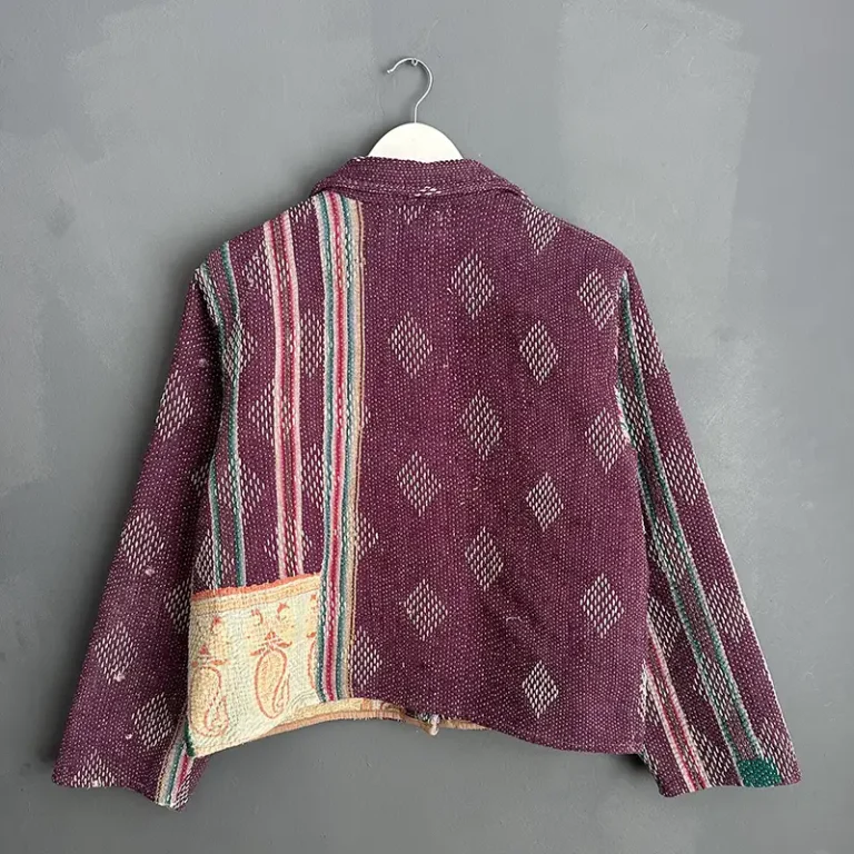 back view of a one of a kind kantha chore jacket