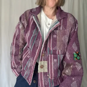 woman wearing fresh purple kantha chore jacket