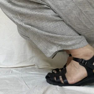 zoom in of handwoven stripe on cotton pull on trousers