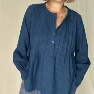 blonde woman wearing an Indigo Handwoven Cotton shirt