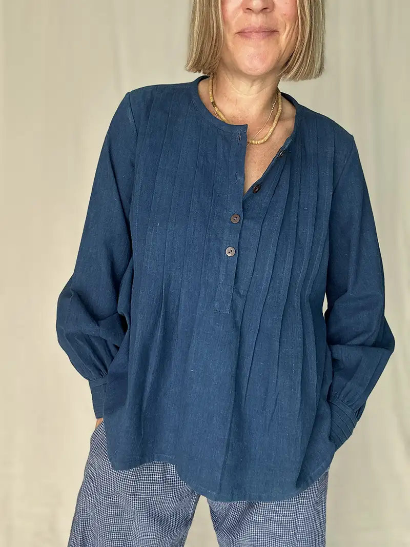 blonde woman wearing an Indigo Handwoven Cotton shirt