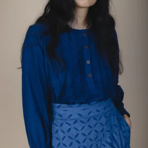 woman wearing indigo dyed clothing