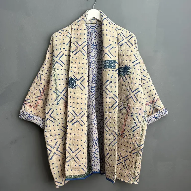 long blue and white kantha jacket