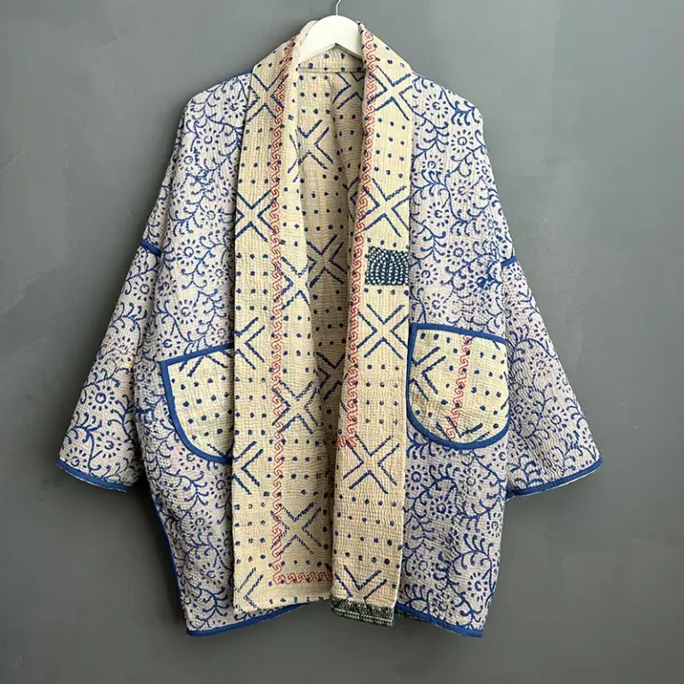 reverse side of long blue and white kantha jacket