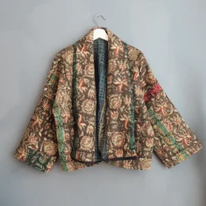 short black and brown kantha quilted jacket