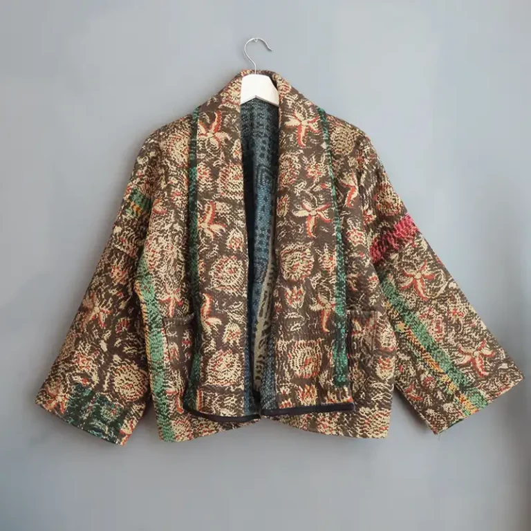 short black and brown kantha quilted jacket