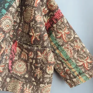 zoom in of brown and black kantha jacket
