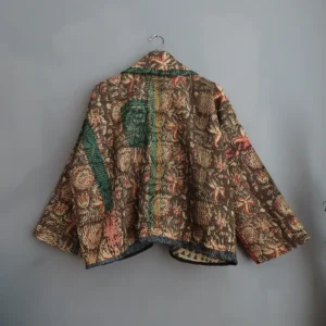back side of zoom in of brown and black kantha jacket