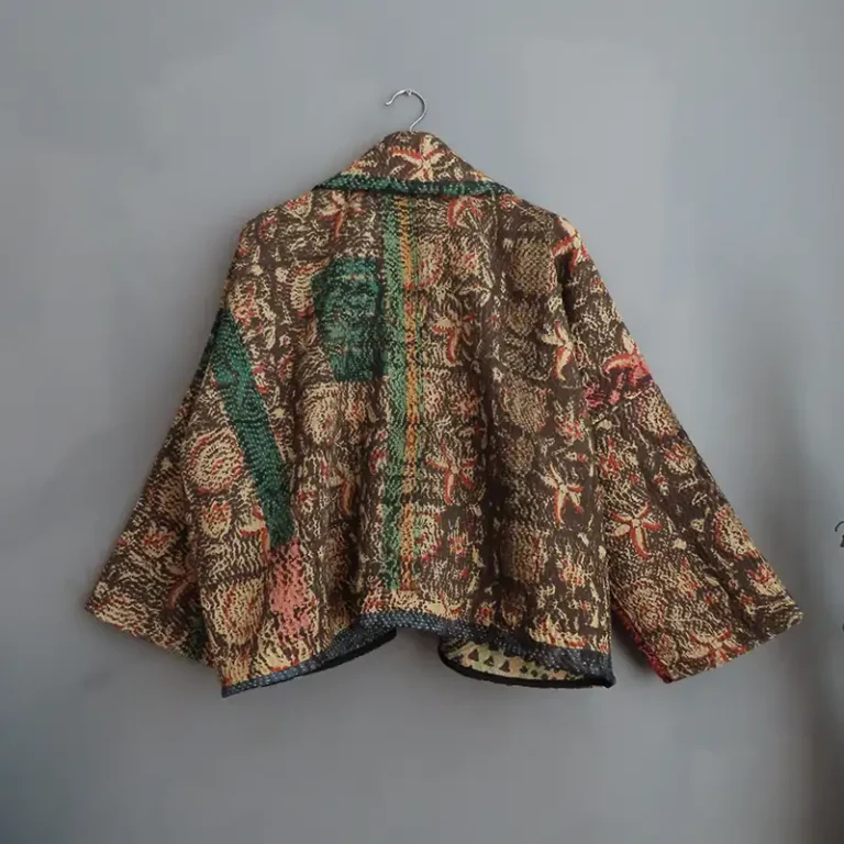 back side of zoom in of brown and black kantha jacket
