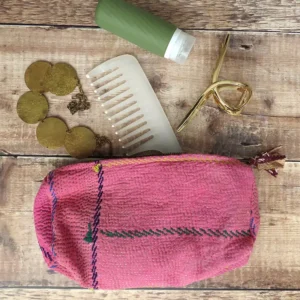 pink kantha fabric zipped pouch