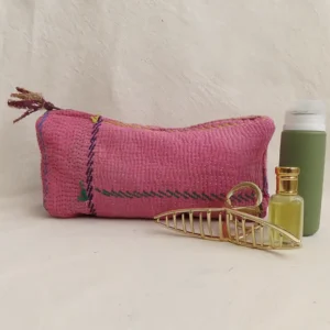 pink kantha fabric zipped pouch