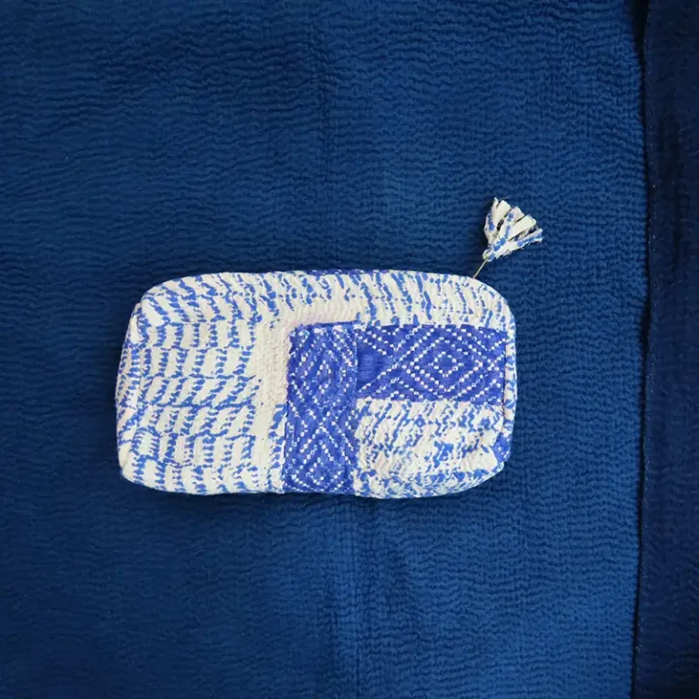 blue and white kantha purse
