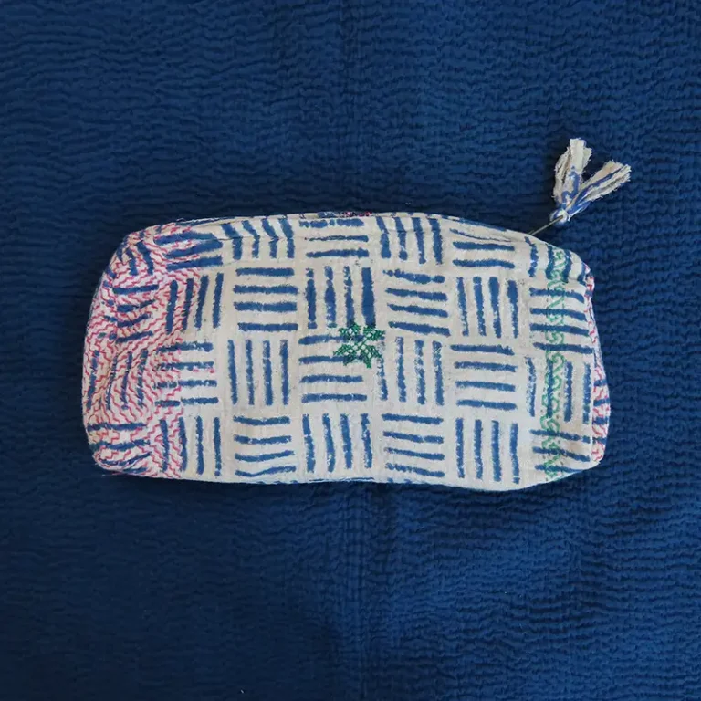 blue and white vintage kantha fabric zipped pouch