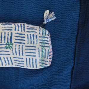 zoom in of blue and white vintage kantha fabric zipped pouch