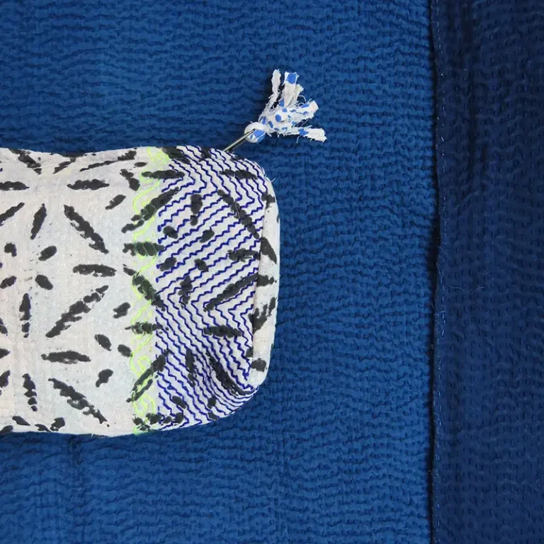 zoom in of black and white kantha pouch