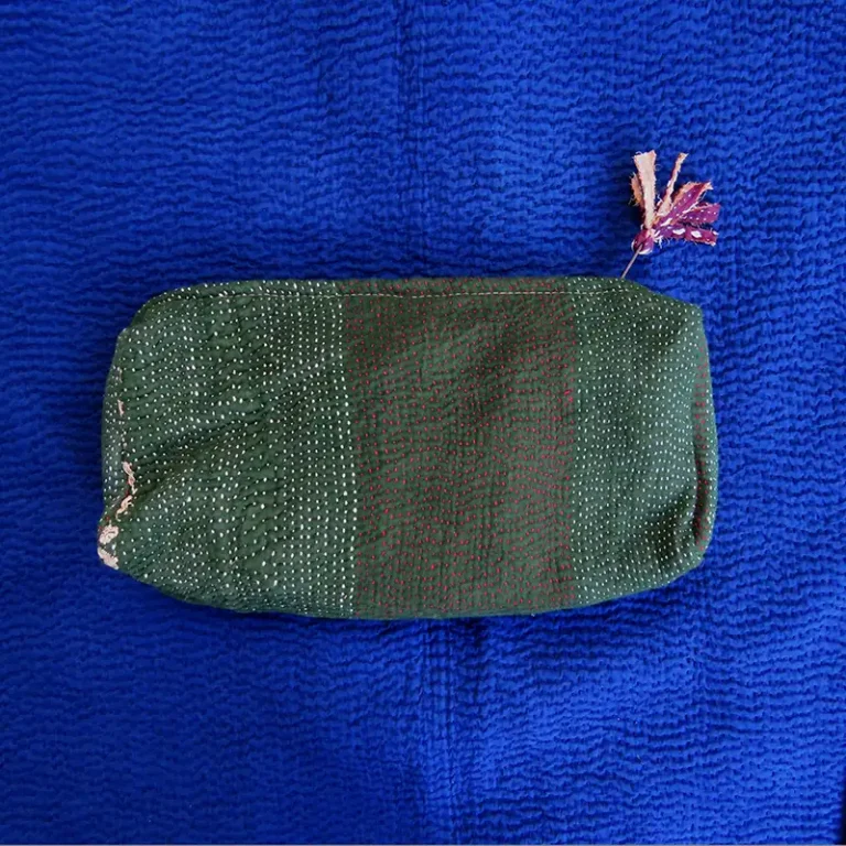 green vintage kantha fabric pouch