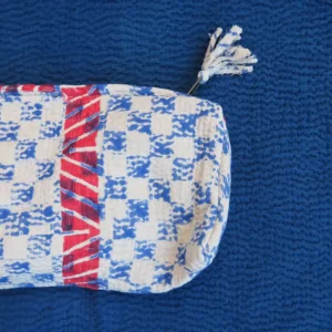 zoom in of vintage kantha fabric zipped pouch