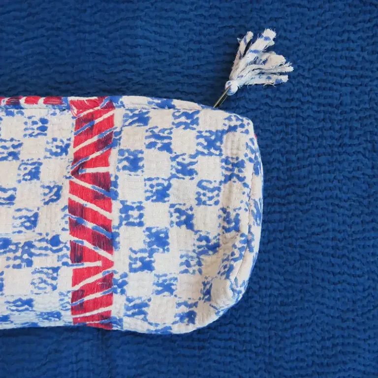 zoom in of vintage kantha fabric zipped pouch