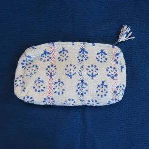 blue and white zipped pouch
