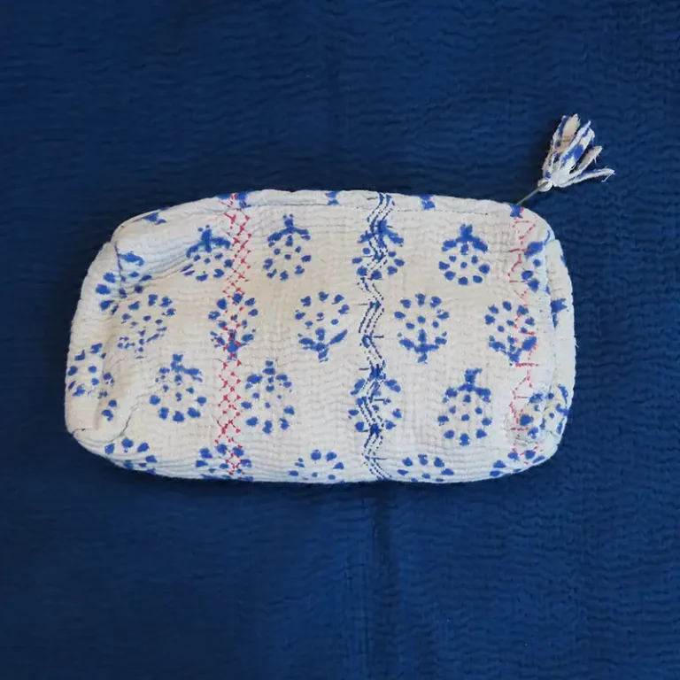 blue and white zipped pouch