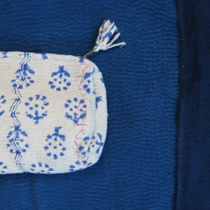 blue and white zipped kantha fabric pouch