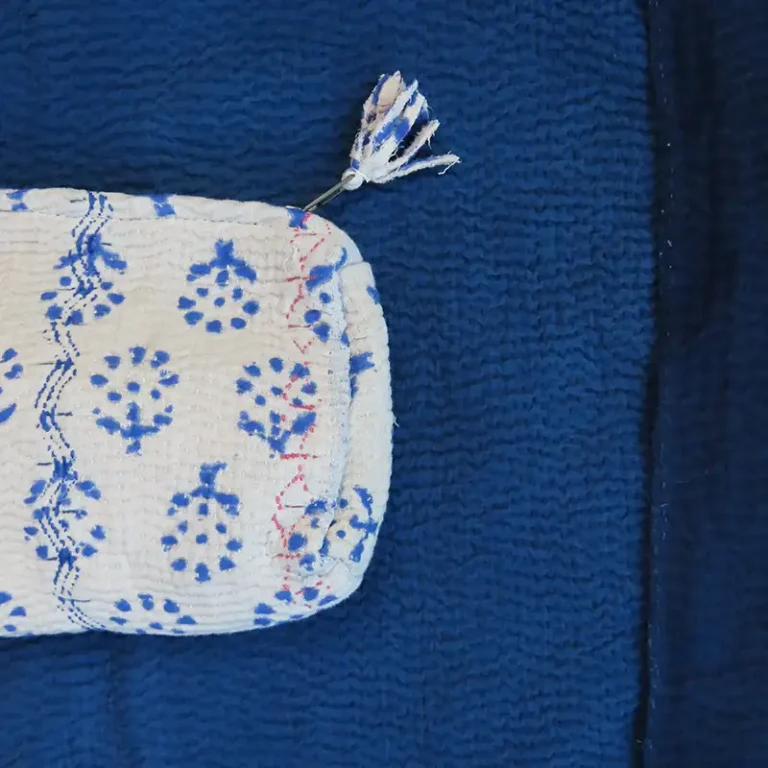 blue and white zipped kantha fabric pouch