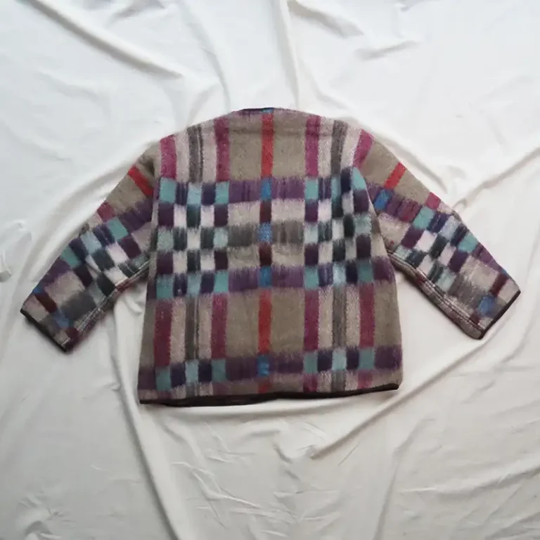 back view handwoven red and camel blanket coat
