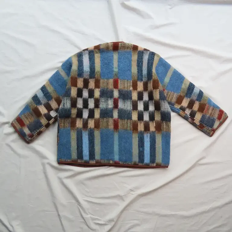 back view of blue and brown check blanket jacket
