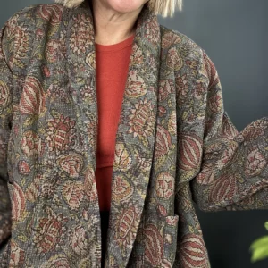 zoom in dark floral kantha jacket