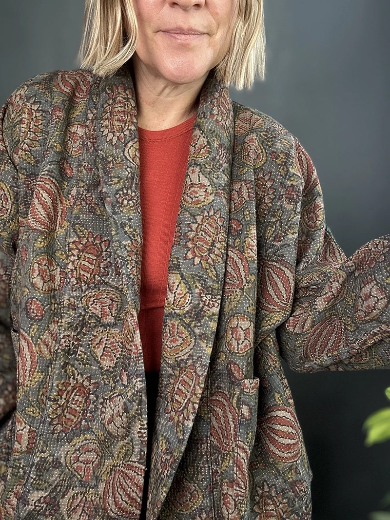 zoom in dark floral kantha jacket