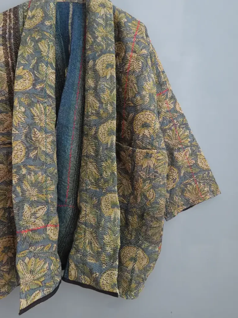 zoom in of vintage kantha textile jacket