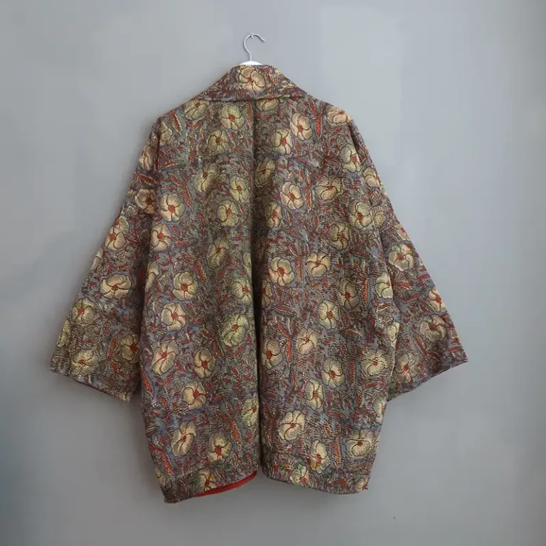 back view of long dark kantha fabric jacket