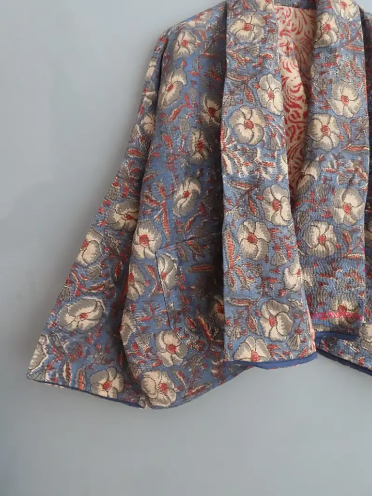 zoom in of indian kantha fabric jacket