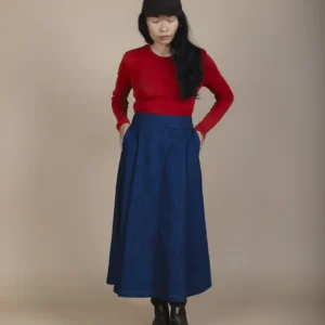 front view of woman wearing hemp denim skirt